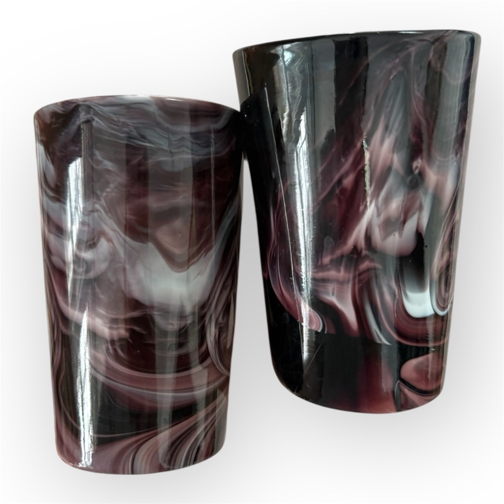 antique Davidson Victorian purple swirl slag glass tumbler set of two
